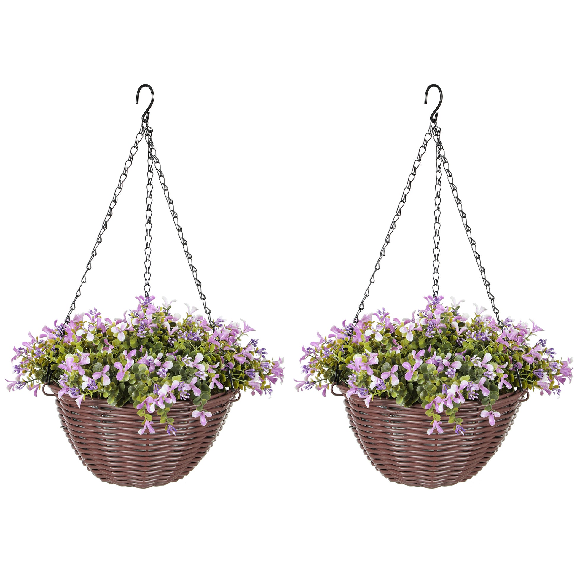 Photo of HOMCOM Artificial Flowers in Basket Set of 2, Artificial Hanging Baskets with 75 Leaves and 15 Flowers in Pot, Decorative Plant for Home Office Decor, Purple in Purple colour on a white background