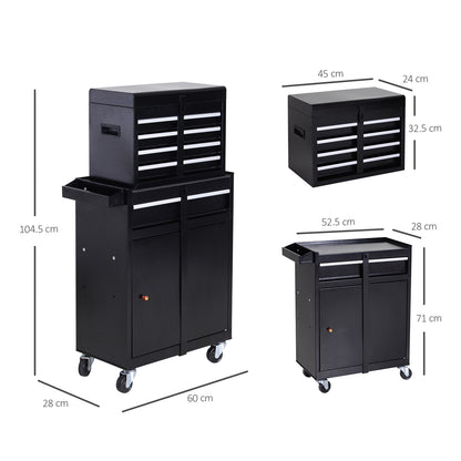 Black two-piece rolling tool cabinet with dimensions shown for the assembled and separate units