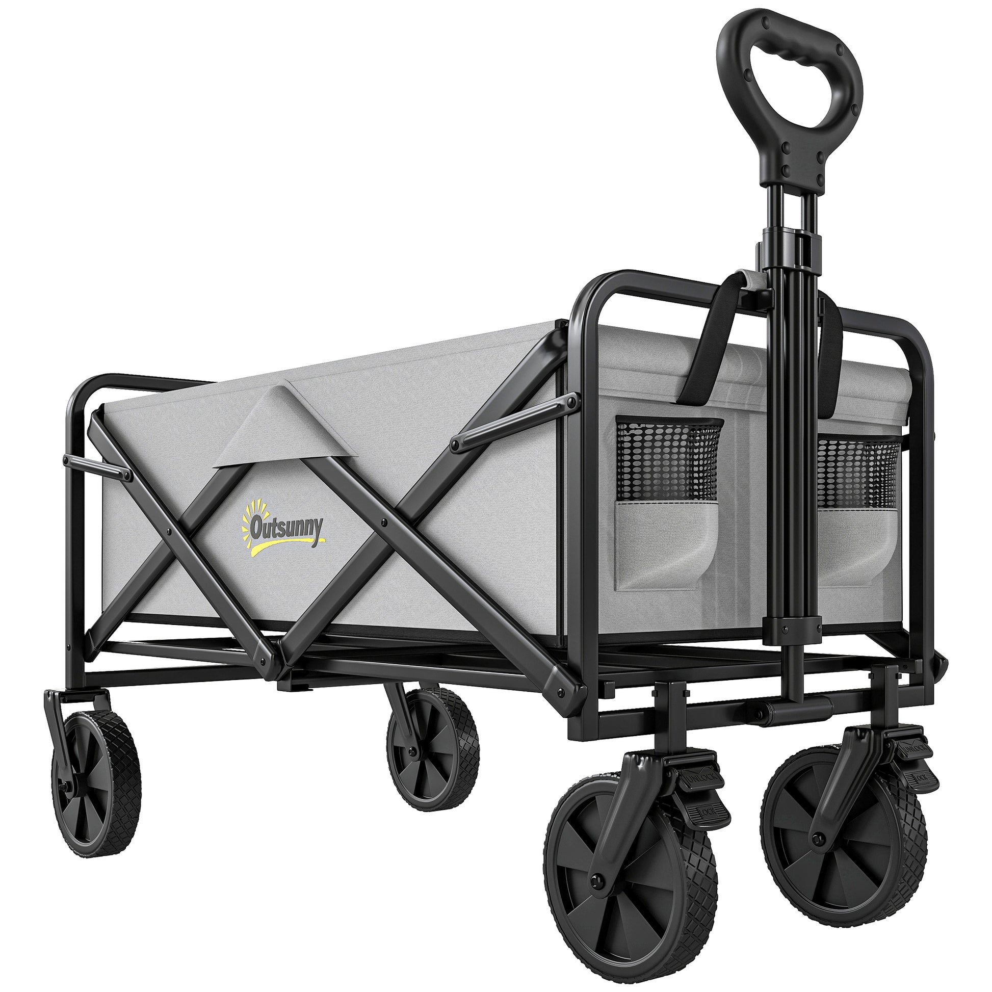 Photo of Outsunny Folding Pull Along Cart Cargo Wagon Trolley with Telescopic Handle - Dark Grey in Grey colour on a white background