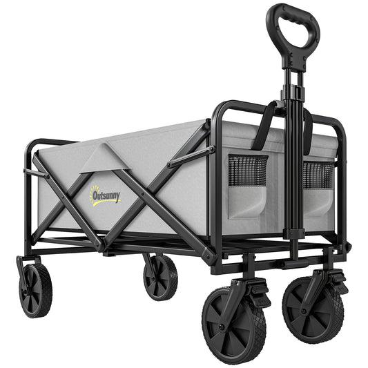 Photo of Outsunny Folding Pull Along Cart Cargo Wagon Trolley with Telescopic Handle - Dark Grey in Grey colour on a white background