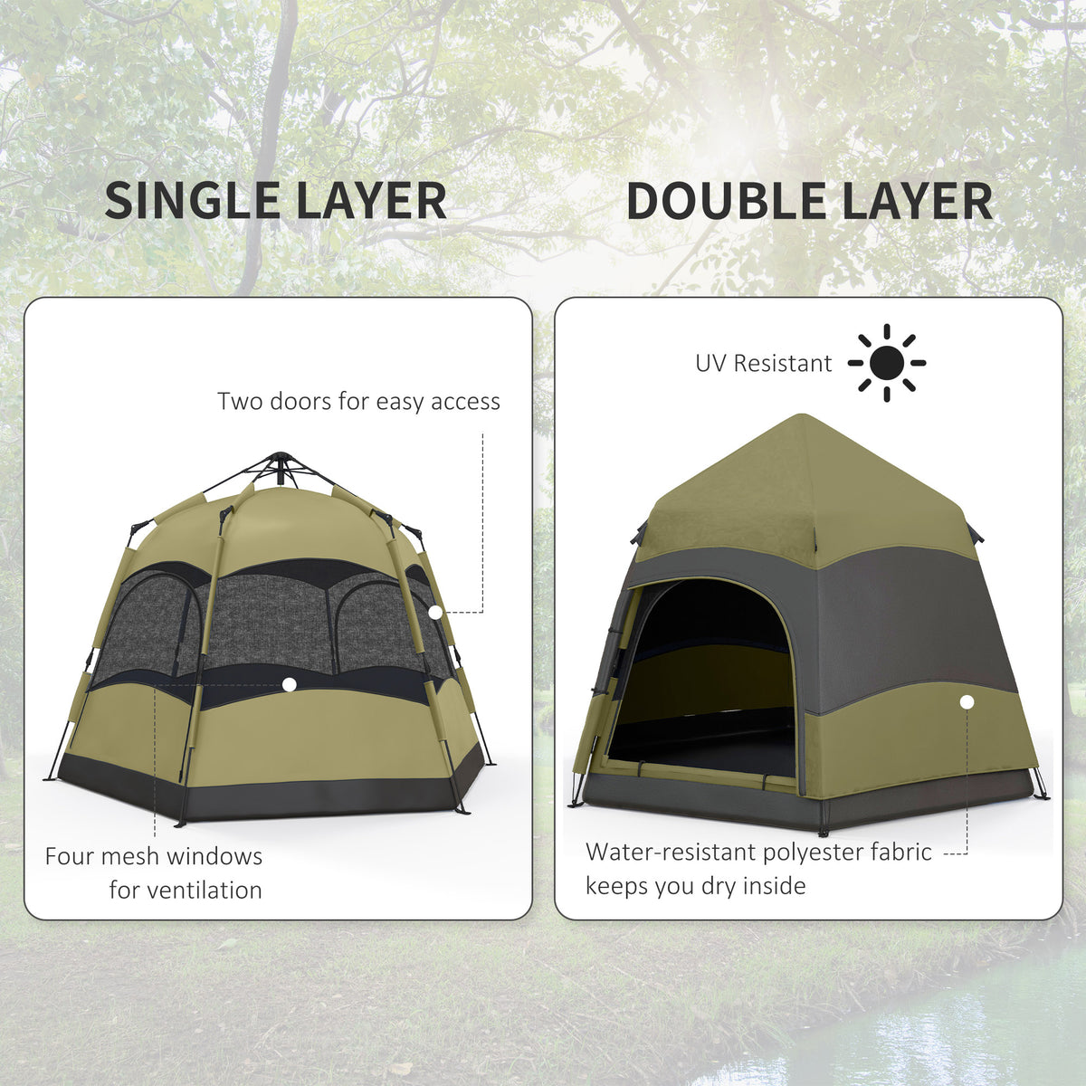 Outsunny 3 Man Instant Pop Up Tent with Rainfly, Portable Camping Shelter with Sewn-in Groundsheet, Carry Ba, Dark Green