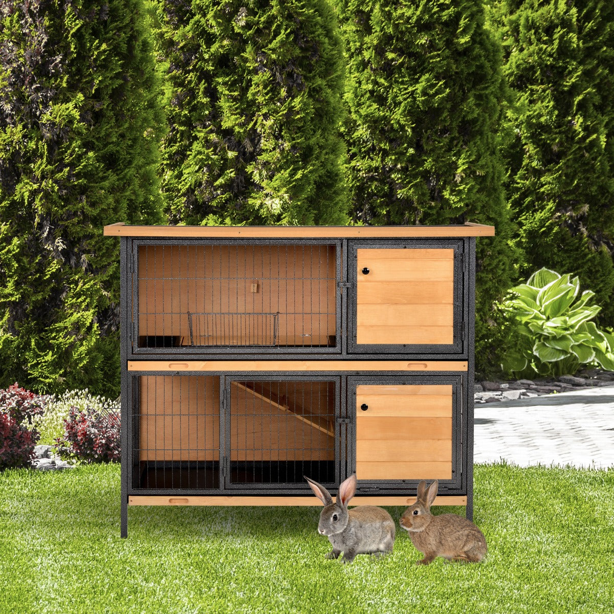 Photo of PawHut Wooden Metal Guinea Pigs Hutches Pet House Bunny w/ Slide-Out Tray Outdoor Light Yellow,black in Yellow,black colour on a white background