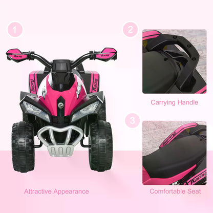Ride-on toy motorcycle shown from the front, with close-ups of its rear handle and contoured seat
