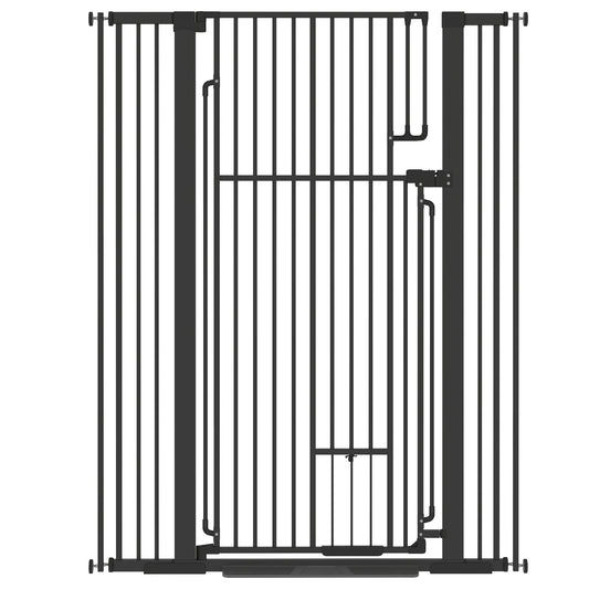 Photo of PawHut 135cm Extra Tall Dog Gate with Cat Door, Fits Openings 81-108 cm Pressure Mounted for Doorways, Hallways, No Drilling in Drilling colour on a white background