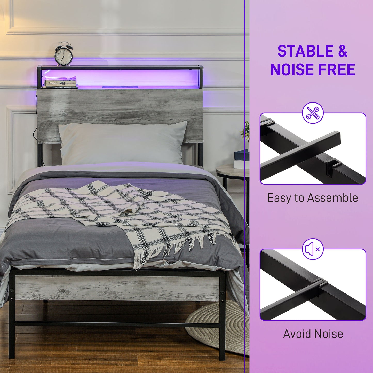 HOMCOM Single Steel Bed Frame, with LED Lights and Shelf - Grey