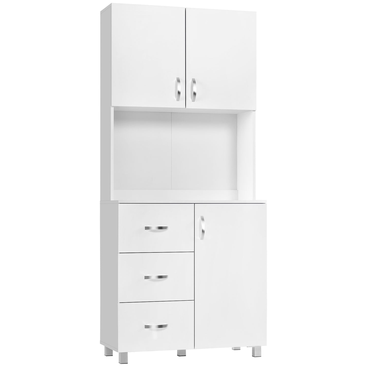 Photo of HOMCOM 183.5cm Free standing Kitchen Cupboard, Storage Cabinet with Doors and Sheleves, 3 drawers and Open Space, Adjustable Height Storage Unit, White in White colour on a white background