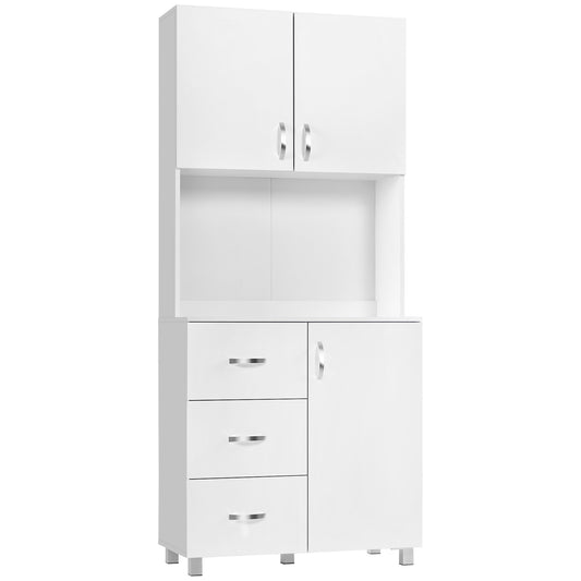 Photo of HOMCOM 183.5cm Free standing Kitchen Cupboard, Storage Cabinet with Doors and Sheleves, 3 drawers and Open Space, Adjustable Height Storage Unit, White in White colour on a white background