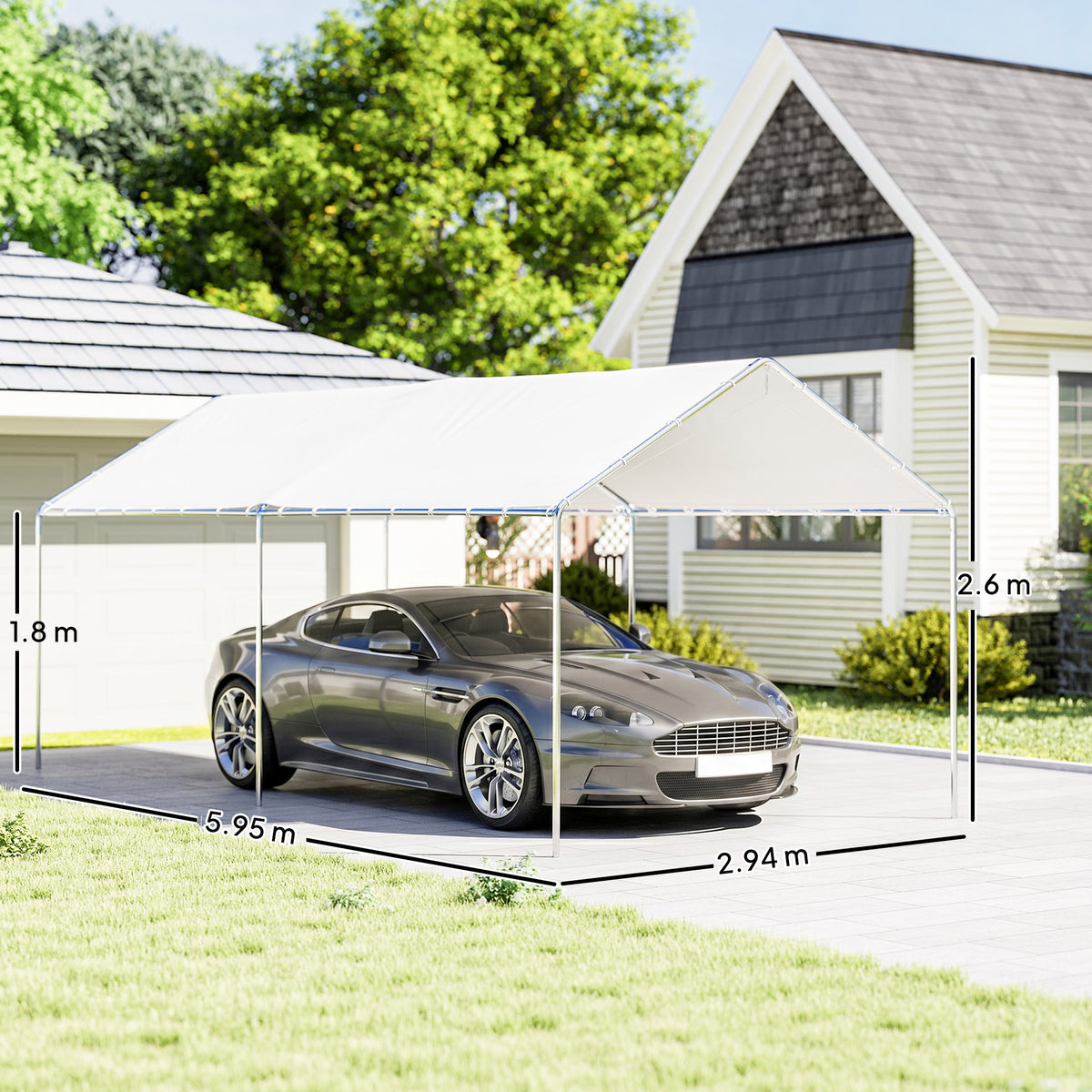 Outsunny white carport with a sedan and dimensions of 5.95 by 2.94 meters