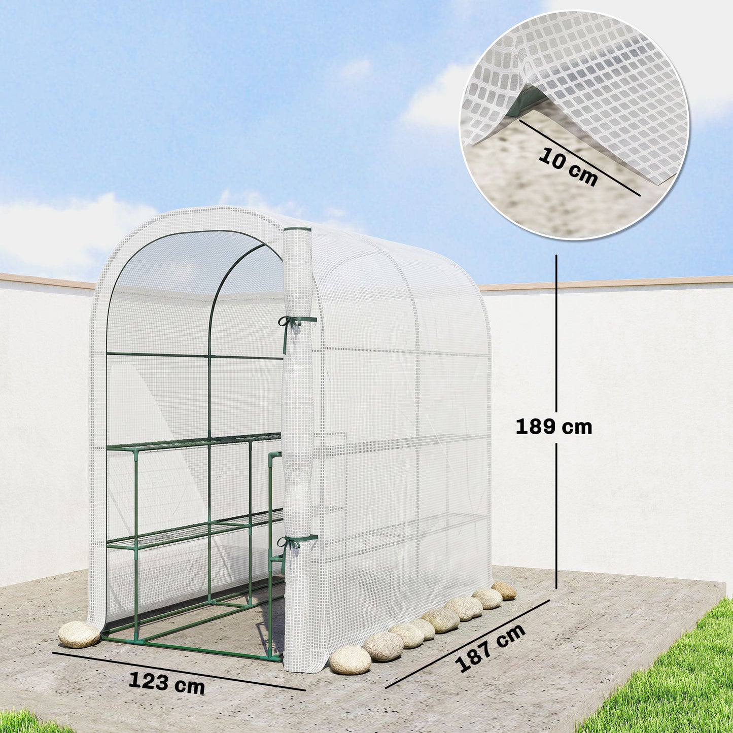 Outsunny Walk-in Greenhouse with Shelves, Small Greenhouse with PE Cover and Roll-up Door, 123 x 187 x 189 cm, White