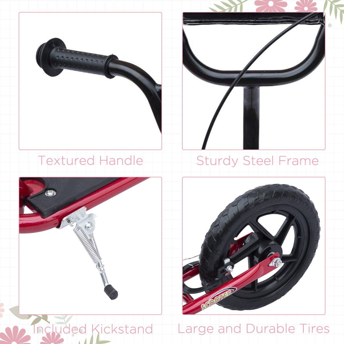 HOMCOM scooter details showing textured handle, steel frame, kickstand and large tire