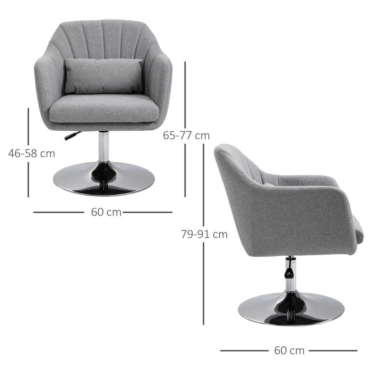 Light gray adjustable swivel chair with lumbar cushion, chrome base and dimensions shown