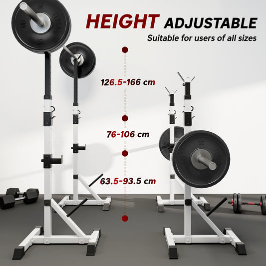 Adjustable barbell squat stand pair with weight plates stored on side posts
