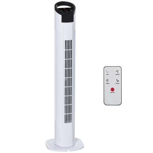 Photo of HOMCOM 31" Freestanding Tower Fan, 3 Speed 3 Mode, 7.5H Timer, Oscillating, LED Panel, Remote Control, 31 Inch Standing Fan, White in White colour on a white background