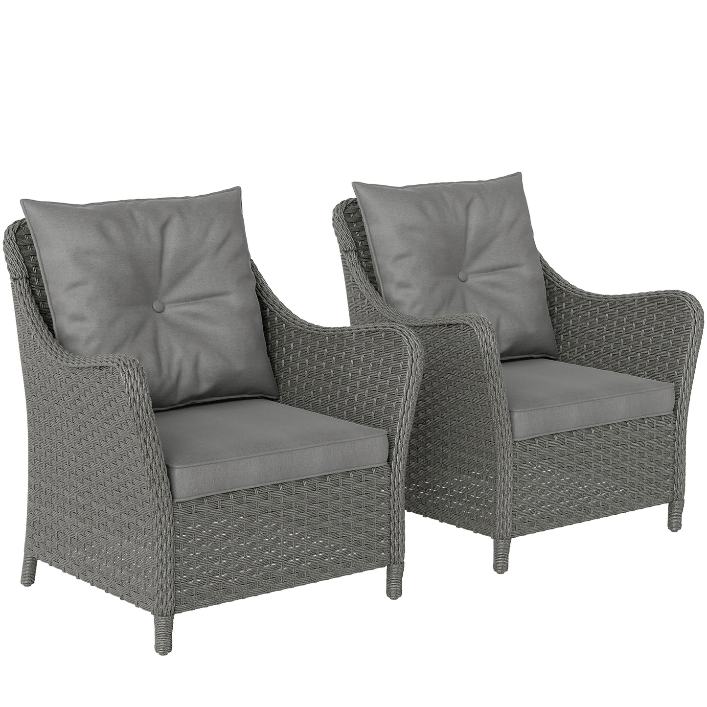 Photo of Outsunny Rattan Garden Chairs Set of 2, Outdoor Rattan Chairs with Cushions, Armrests and High Back, PE Wicker Garden Armchair with Steel Frame for Balcony, Porch, Dark Grey in Grey colour on a white background