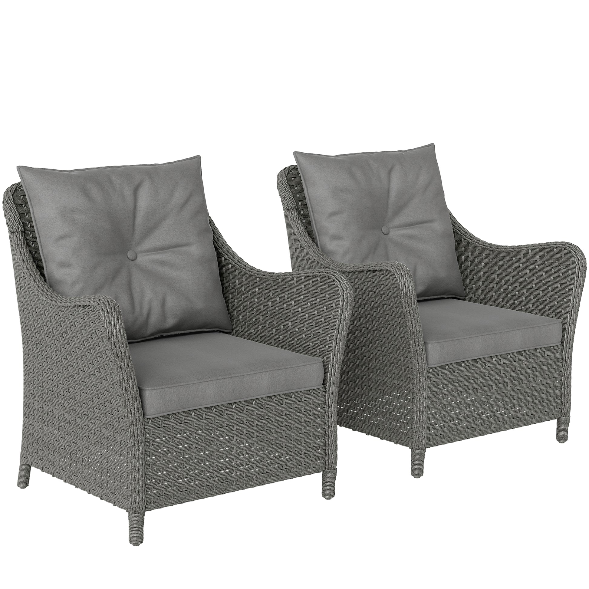 Photo of Outsunny Rattan Garden Chairs Set of 2, Outdoor Rattan Chairs with Cushions, Armrests and High Back, PE Wicker Garden Armchair with Steel Frame for Balcony, Porch, Dark Grey in Grey colour on a white background