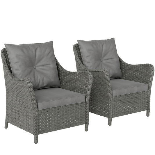 Photo of Outsunny Rattan Garden Chairs Set of 2, Outdoor Rattan Chairs with Cushions, Armrests and High Back, PE Wicker Garden Armchair with Steel Frame for Balcony, Porch, Dark Grey in Grey colour on a white background
