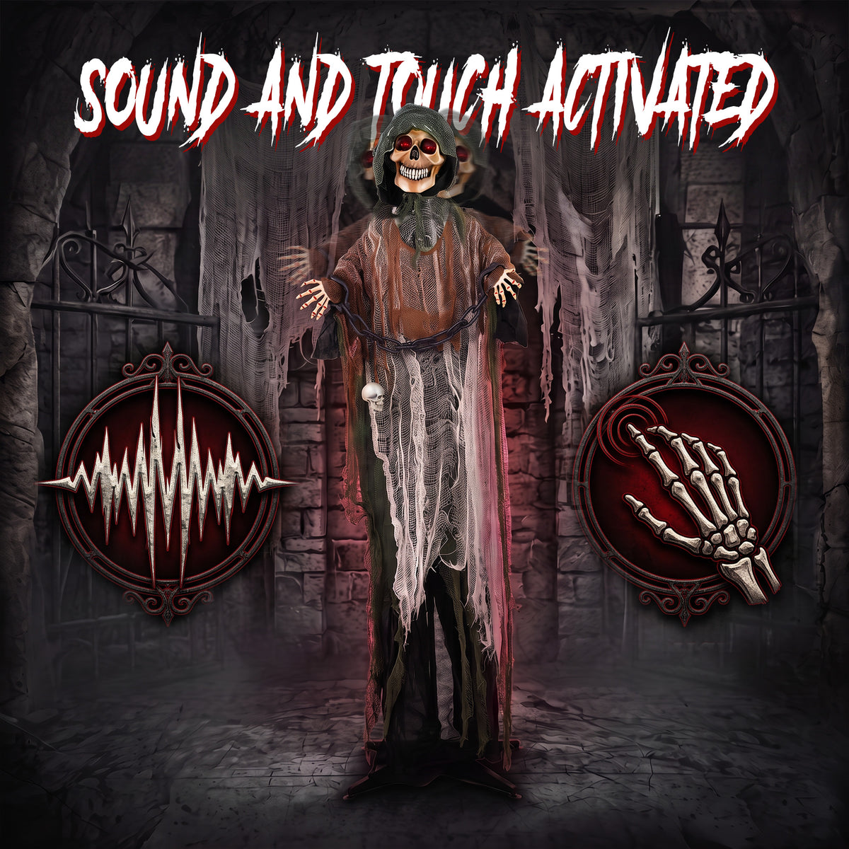 HOMCOM 170cm Animated Grim Reaper, Life-Size Halloween Animatronic with Moving Hands/Head, Glowing Eyes, Creepy Sound