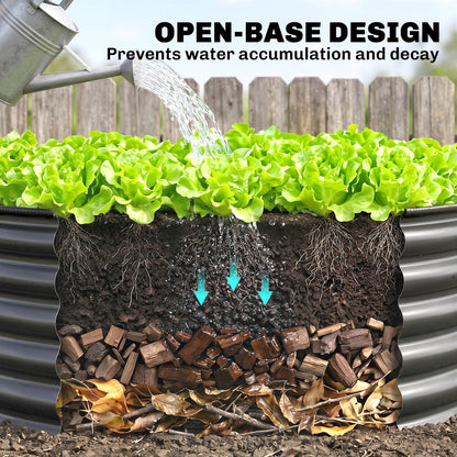 Open-base galvanized raised garden bed shown with lettuce and soil cross-section