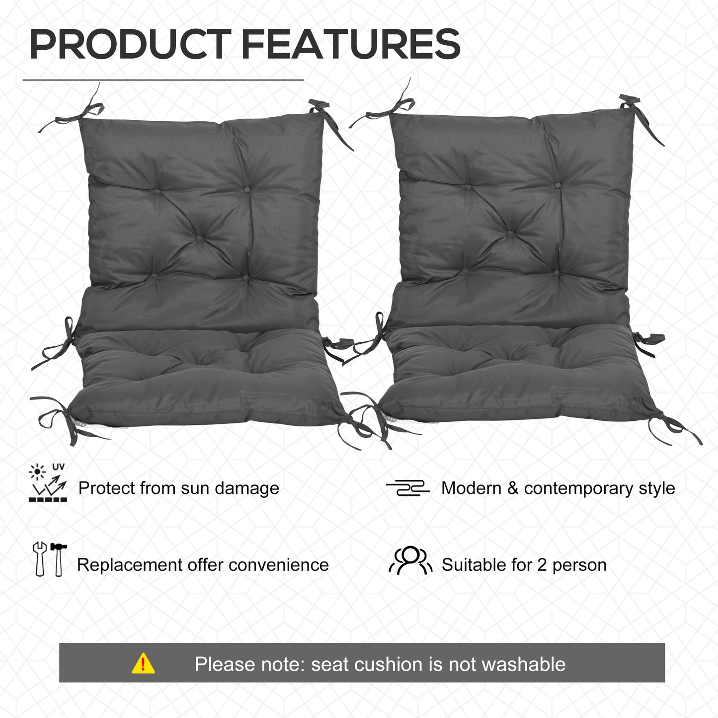 Outsunny Set of Two Outdoor Seat Cushions - Dark Grey
