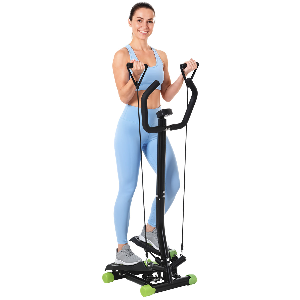 HOMCOM stepper with resistance bands, LCD display, handlebar and green-accented foot pedals