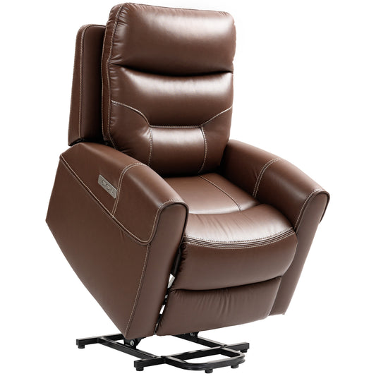 Photo of HOMCOM Power Lift Recliner Chair for Elderly, Overstuffed Faux Leather Riser and Reclining Chair with USB A+C Ports, Recliner Armchair for Living Room, Brown in Brown colour on a white background