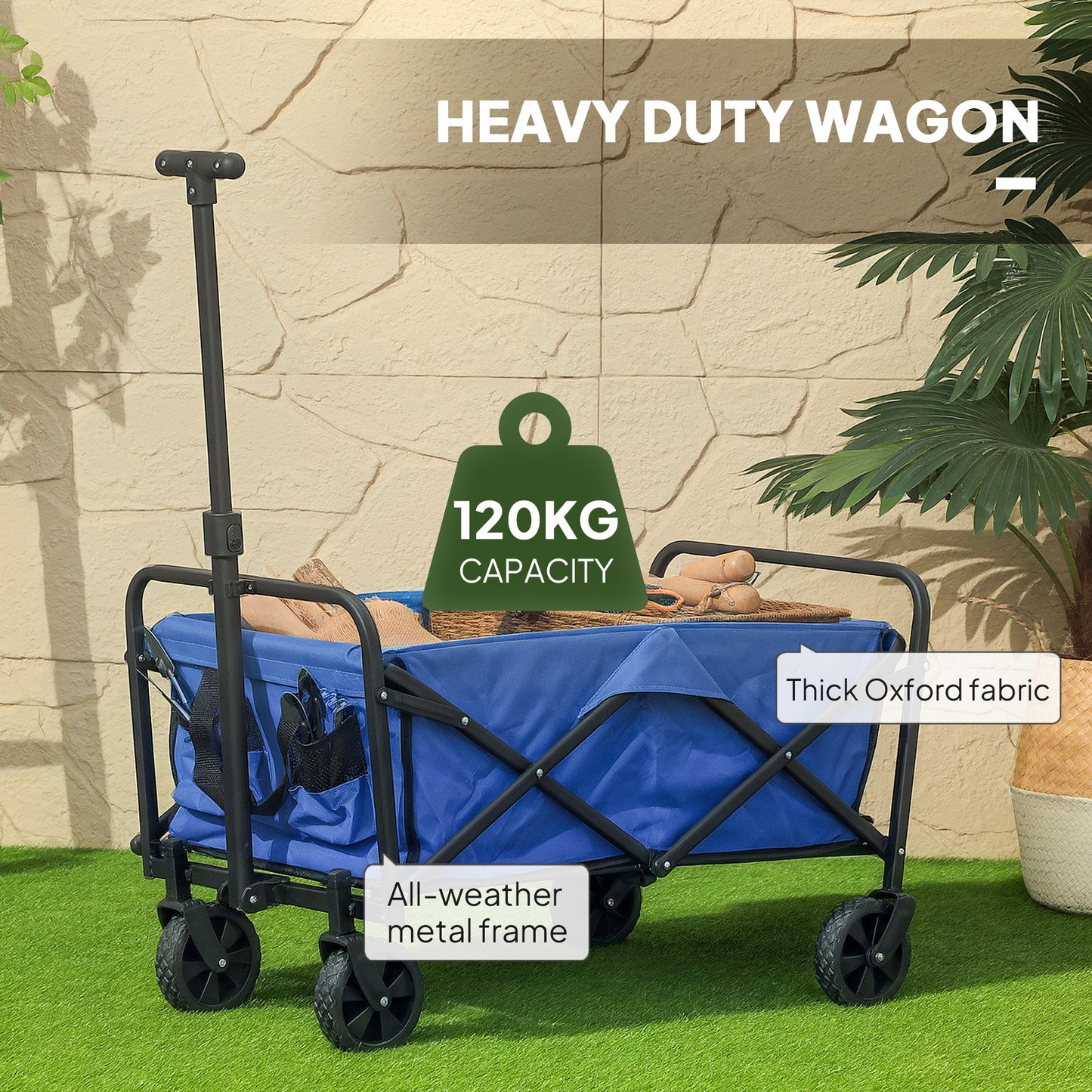 Outsunny 93L Festival Trolley on Wheels, Garden Folding Trolley Cart, 120kg Heavy Duty Collapsible Folding Wagon with Adjustable Handle and Carrying Bag for Beach, Camping, Festival, Blue
