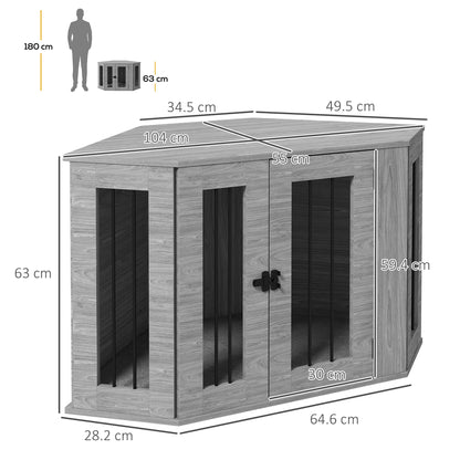 Grey corner dog crate side table, shown with dimensions of 104 x 55 x 63 cm