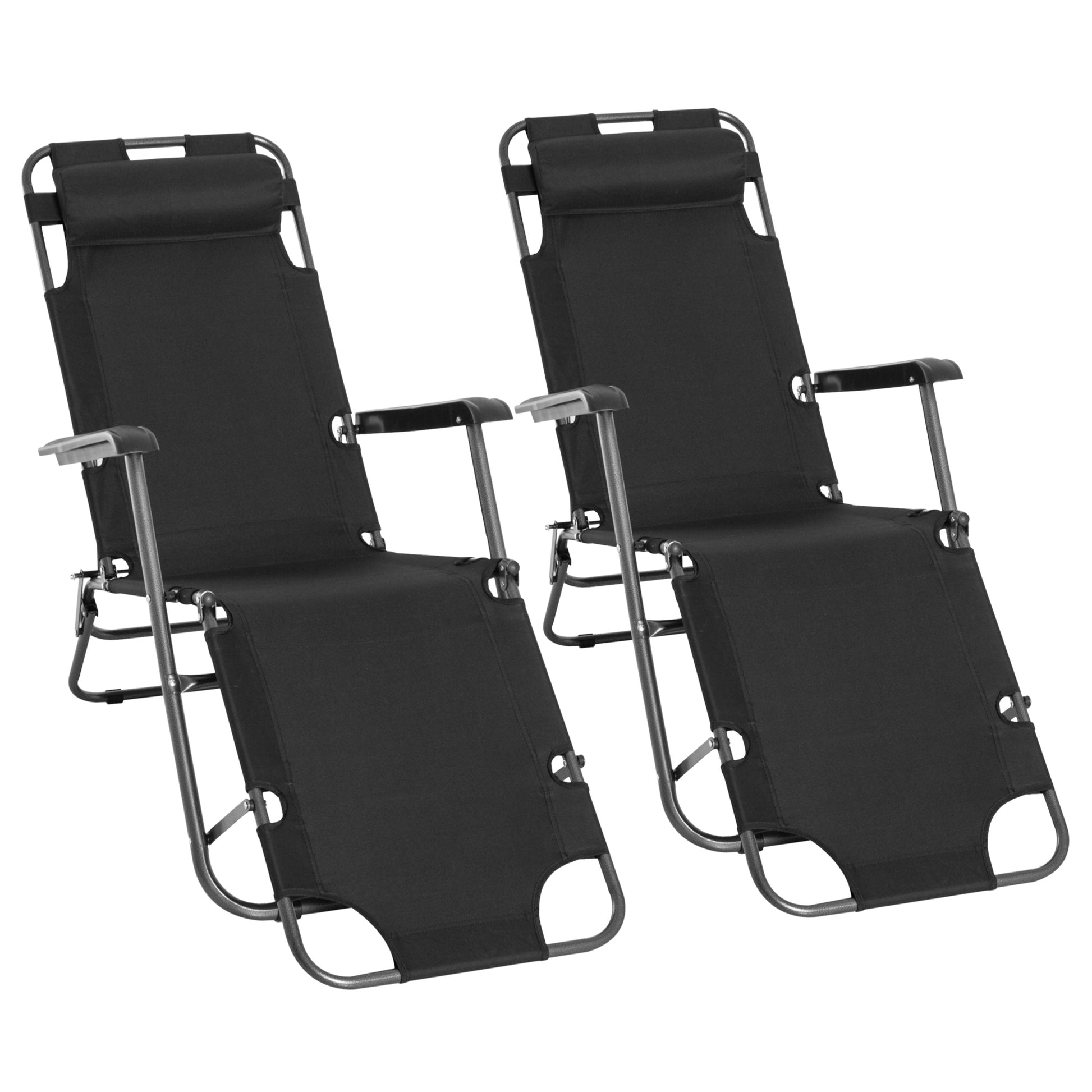 Photo of Outsunny 2 in 1 Folding Sun Lounger Reclining Garden Chair Set of 2 with 2-Level Adjustable Backrest, Outdoor Zero Gravity Recliner Garden Chairs with Head Pillow and Armrests, Black in Black colour on a white background