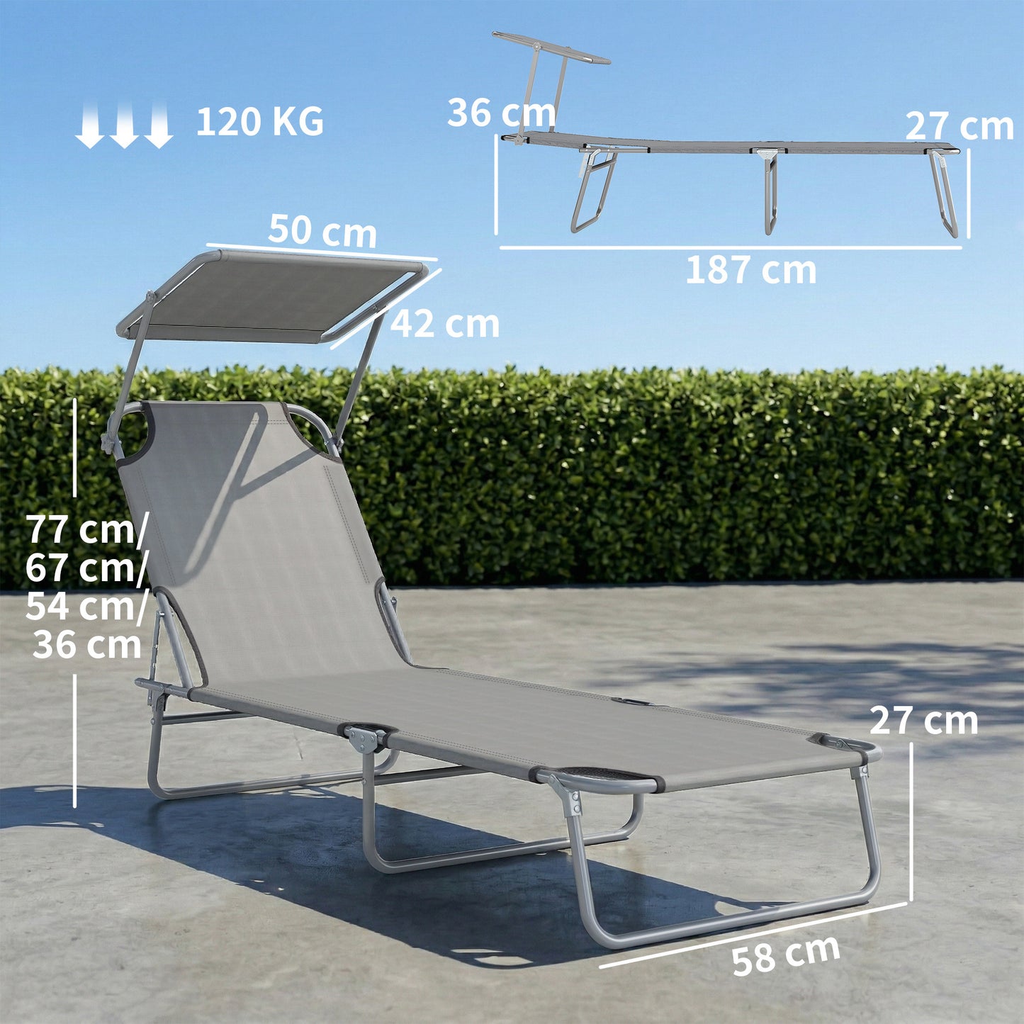 Outsunny Folding Sun Lounger with Canopy, Reclining Sunbed with 4-Position Adjustable Backrest, 600D Oxford Cloth, Portable Garden Lounger Recliner Chair for Beach, Camping, Patio, Light Grey
