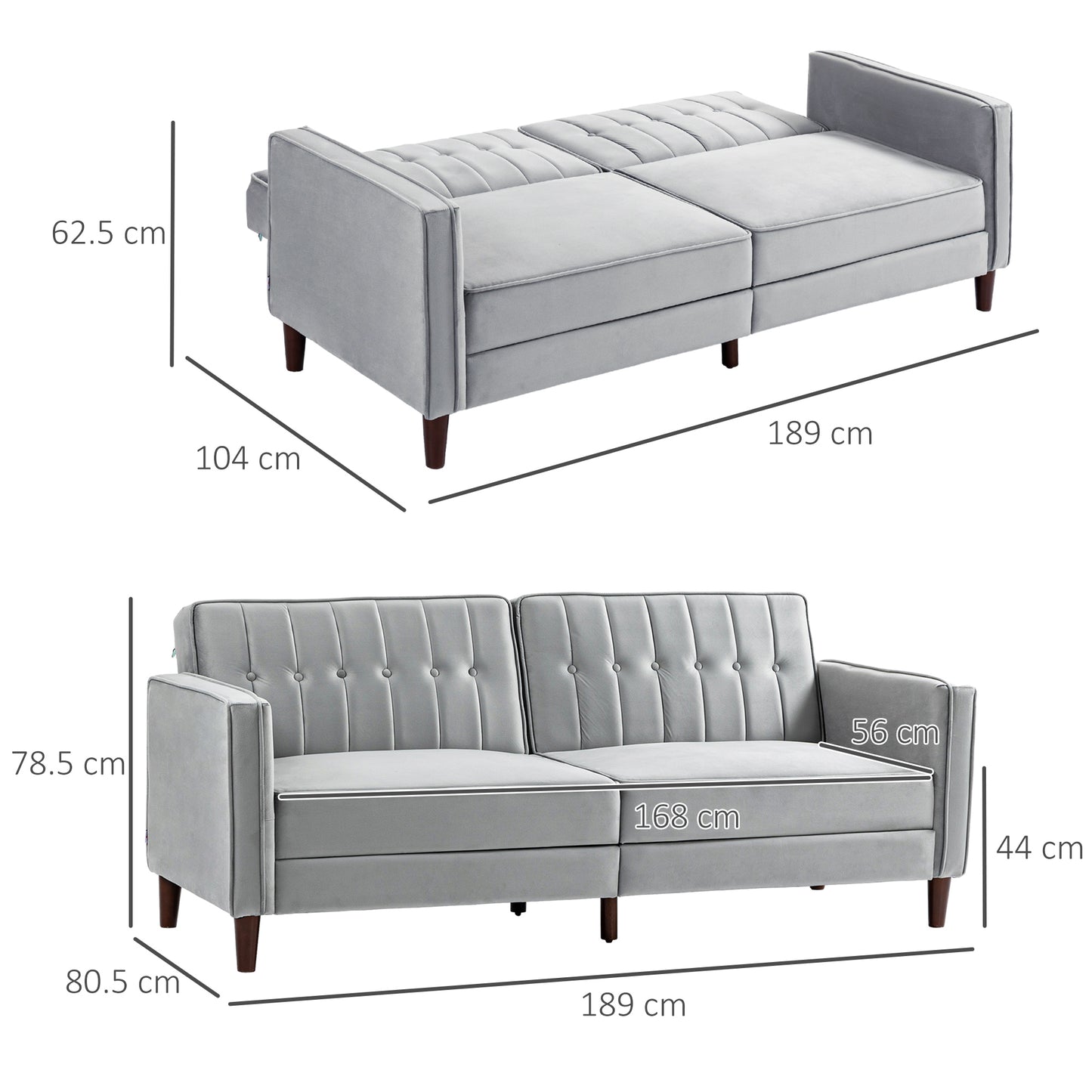 HOMCOM Modern Convertible Sofa Futon Velvet-Touch Tufted Couch with Adjustable Split Back, Light Grey