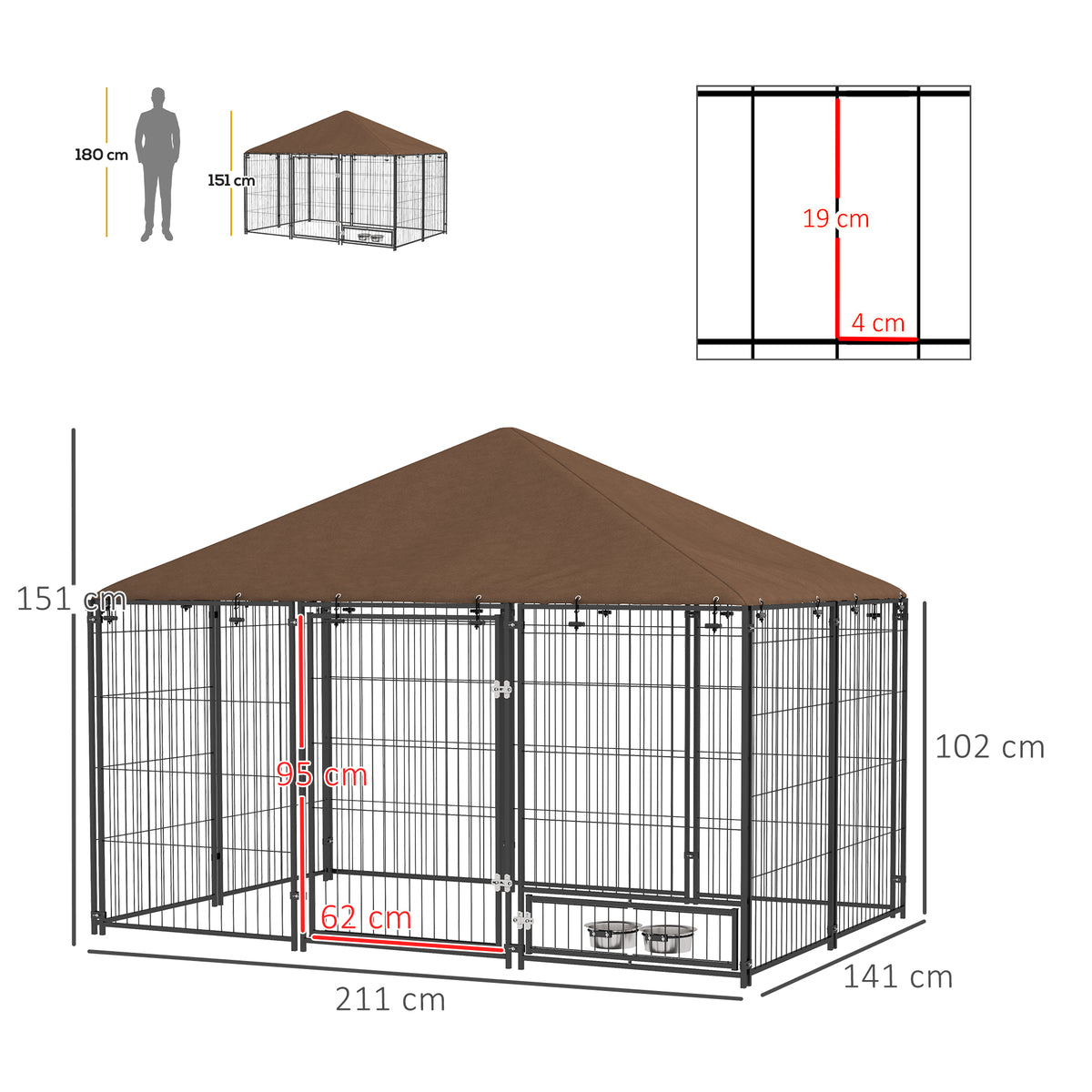 PawHut Large Dog Kennel Outdoor Dog Play Pen with Canopy Rotating Bowl for Large Dogs, Brown