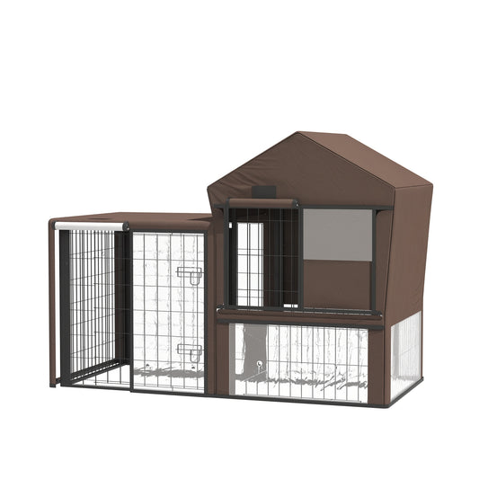 Brown PawHut rabbit hutch cover with clear window panels and a covered peaked roof
