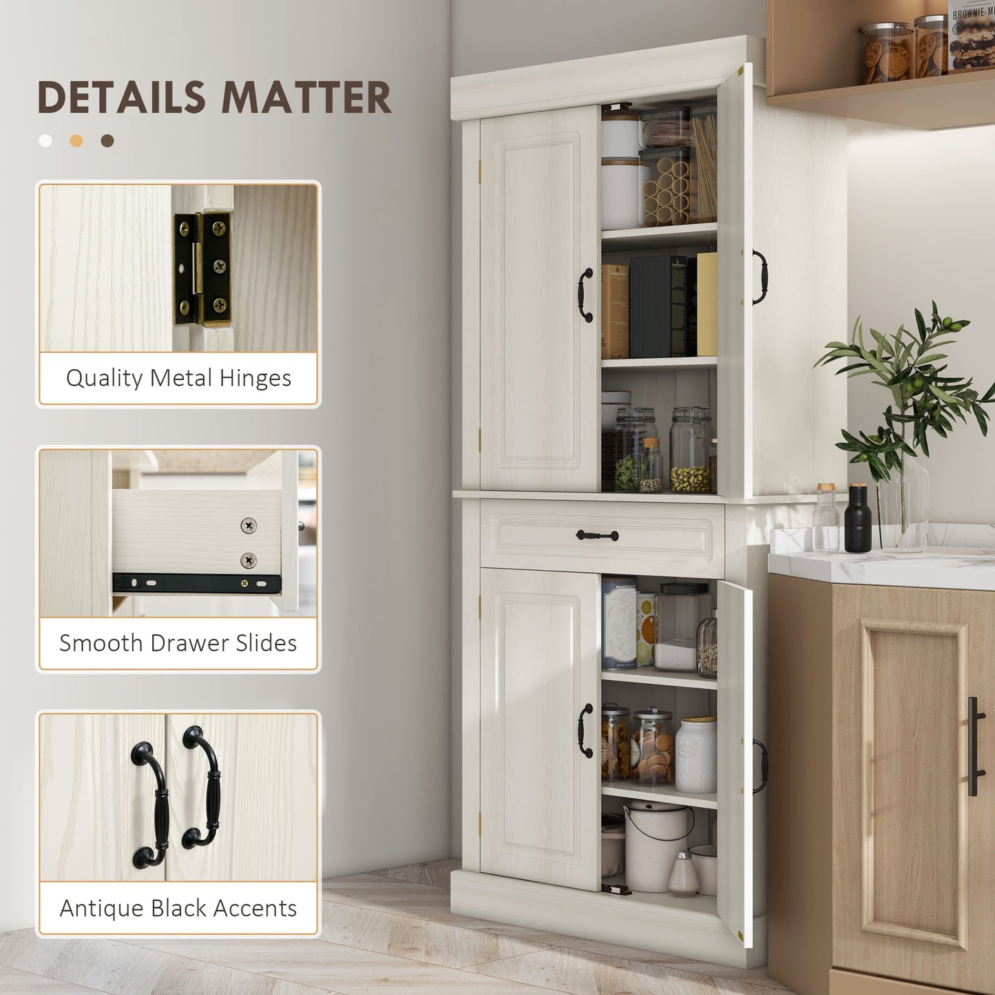 HOMCOM Tall Kitchen Cupboard, Kitchen Pantry Cabinet with 6 Shelves and Drawer, Cream White