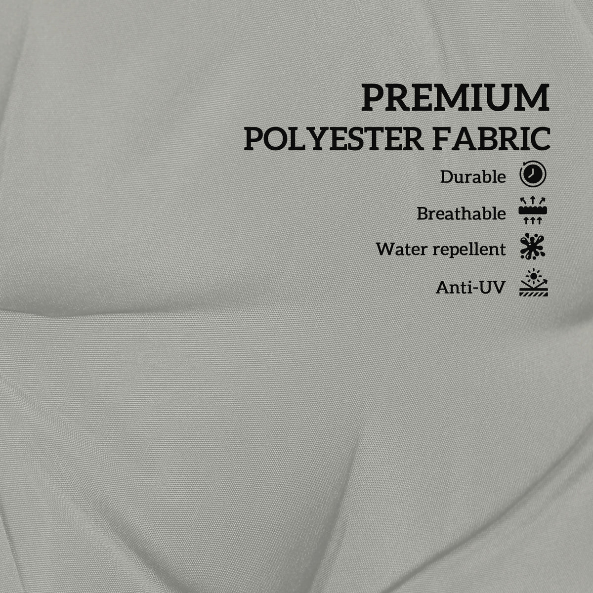 Close-up of light gray polyester cushion fabric with a tightly woven texture