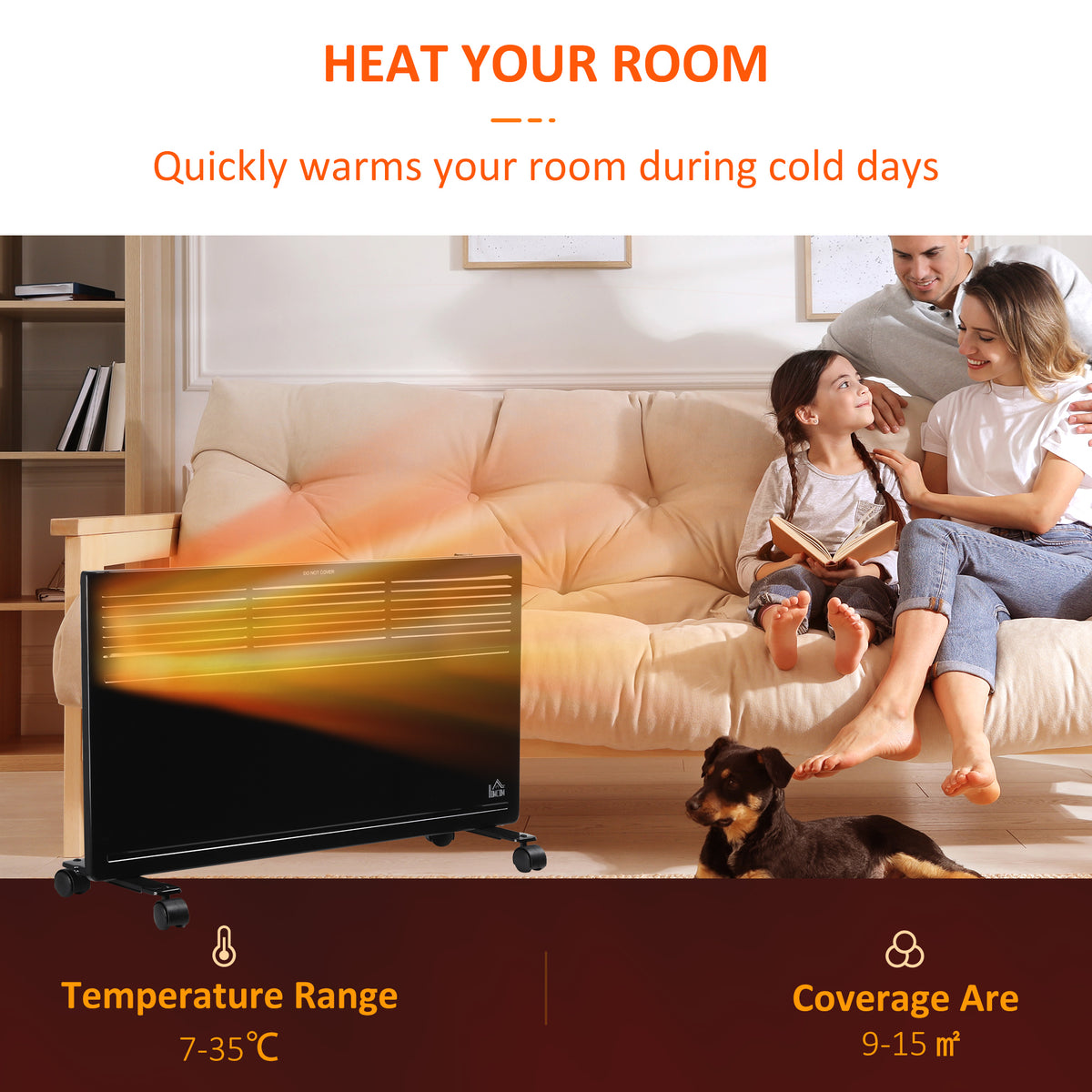 HOMCOM POWER black convector radiator on wheels, shown heating a room