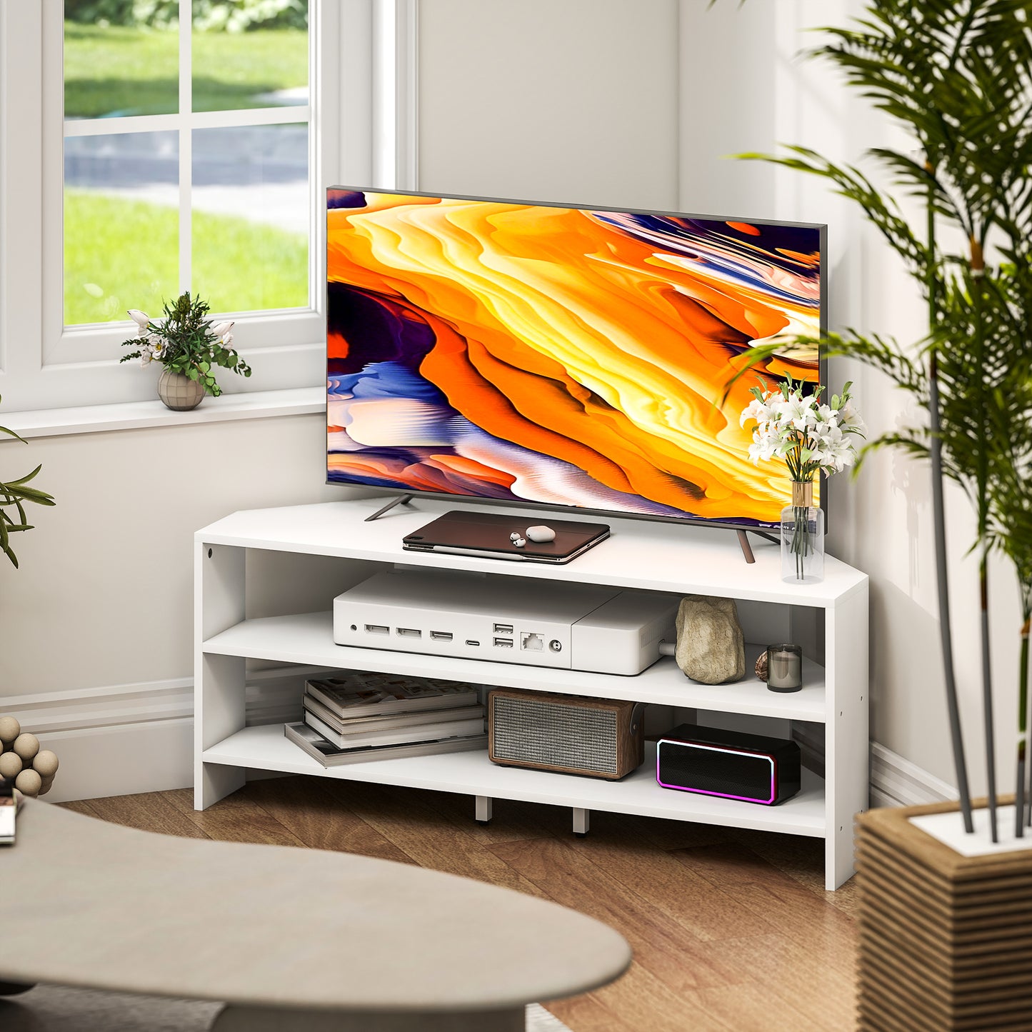 HOMCOM Corner TV Stand with 2 Open Shelves for 47 Inch TV - White