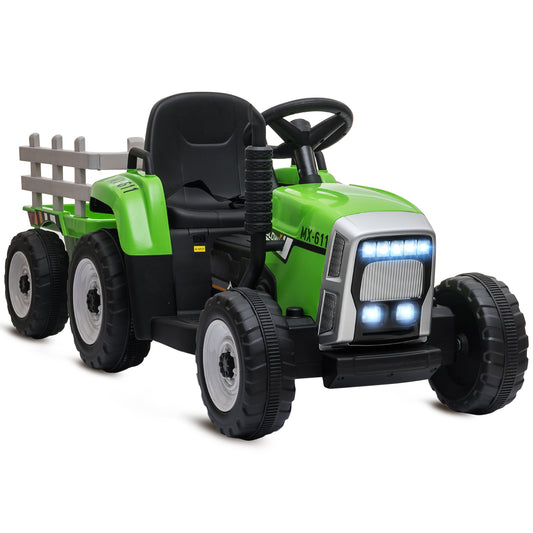 Photo of HOMCOM Ride On Tractor, Battery Powered Electric Car, with Detachable Trailer, Remote Control, Music - Green in Green colour on a white background