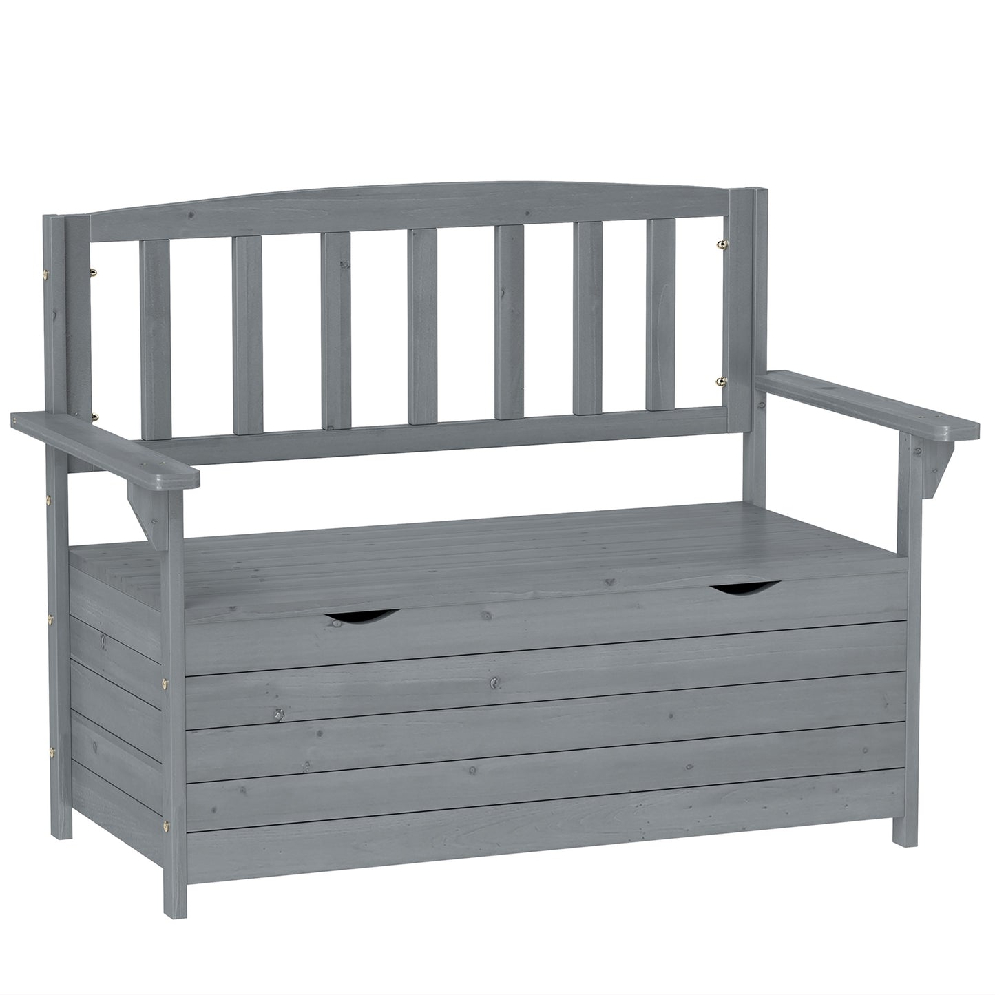 Photo of Outsunny Outdoor 2 Seater Garden Bench, Wooden Bench with Storage, Backrest, Arm Rests, 112 x 84 x 58 cm, Grey in Grey colour on a white background