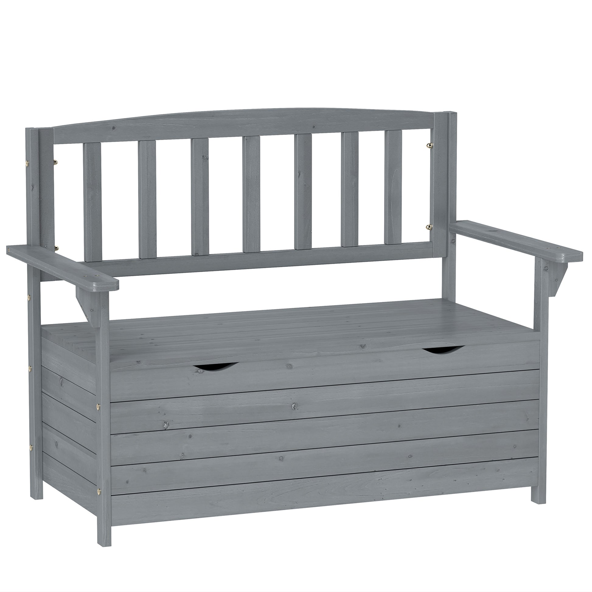 Photo of Outsunny Outdoor 2 Seater Garden Bench, Wooden Bench with Storage, Backrest, Arm Rests, 112 x 84 x 58 cm, Grey in Grey colour on a white background