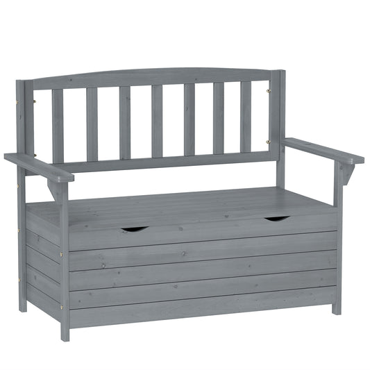 Photo of Outsunny Outdoor 2 Seater Garden Bench, Wooden Bench with Storage, Backrest, Arm Rests, 112 x 84 x 58 cm, Grey in Grey colour on a white background