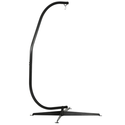 Black steel C-shaped hammock chair stand with hanging hook and cross base