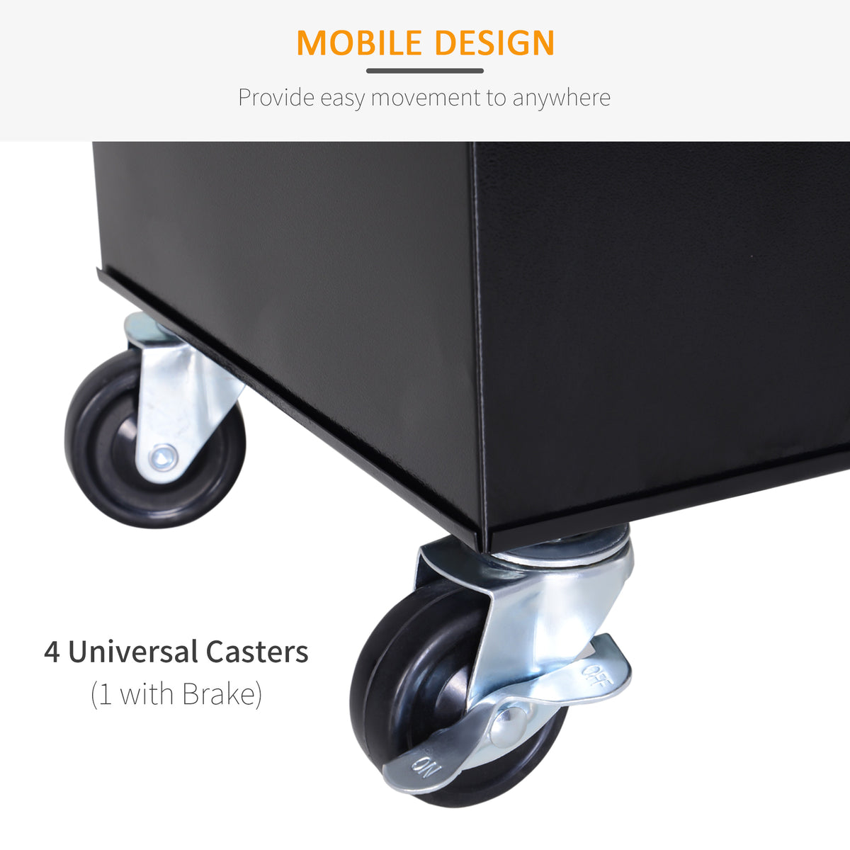 Black tool cabinet with universal caster wheels, including one locking brake