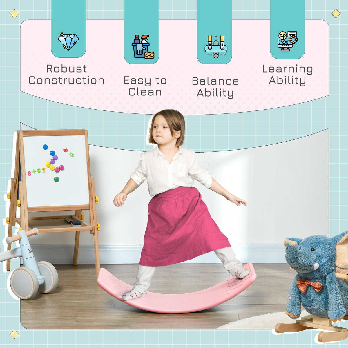 Child balancing on a pink curved balance board with textured ends.
