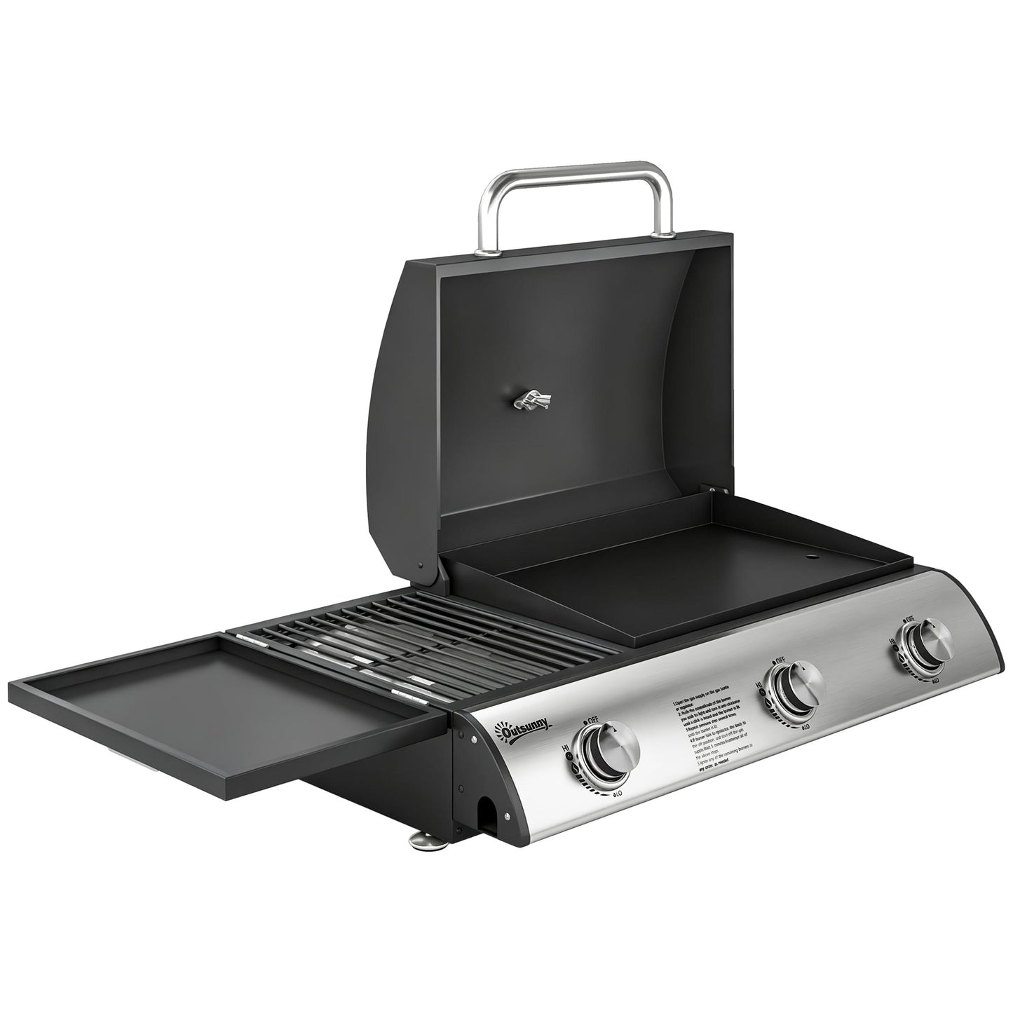 Photo of Outsunny 3 Burner Portable Gas Plancha BBQ Grill, 7.5 kW Outdoor Tabletop Gas Barbecue Grill with Griddle, Thermometer,, Black in Black colour on a white background