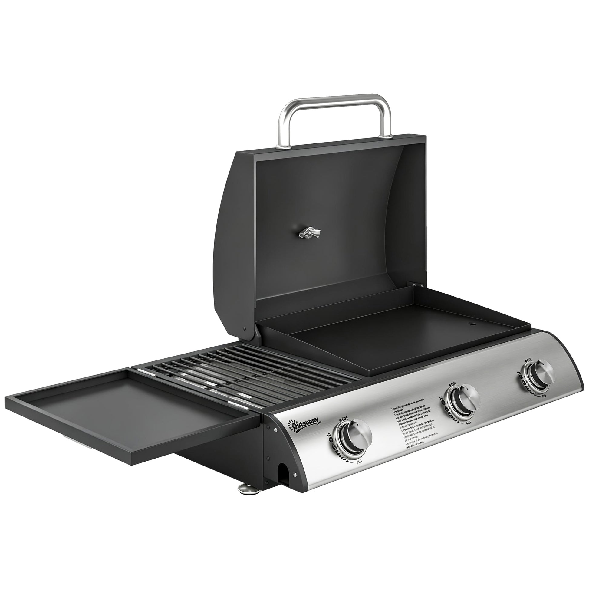 Photo of Outsunny 3 Burner Portable Gas Plancha BBQ Grill, 7.5 kW Outdoor Tabletop Gas Barbecue Grill with Griddle, Thermometer,, Black in Black colour on a white background