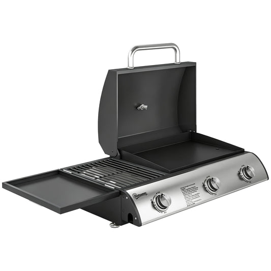 Photo of Outsunny 3 Burner Portable Gas Plancha BBQ Grill, 7.5 kW Outdoor Tabletop Gas Barbecue Grill with Griddle, Thermometer,, Black in Black colour on a white background