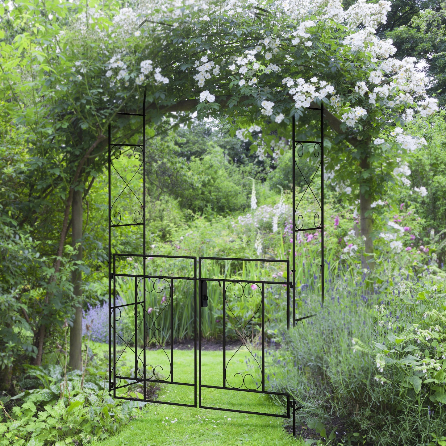 Outsunny Garden Arch with Double Gates, Metal Garden Arbor for Climbing Roses & Vines, Decorative Outdoor Archway for Backyard Pathways, Black