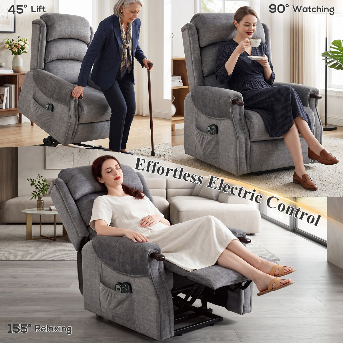 HOMCOM Power Lift Recliner with Vibration Massage and Heat, Lift Chair for Tall with Wood Grip, Pocket Spring, Light Grey