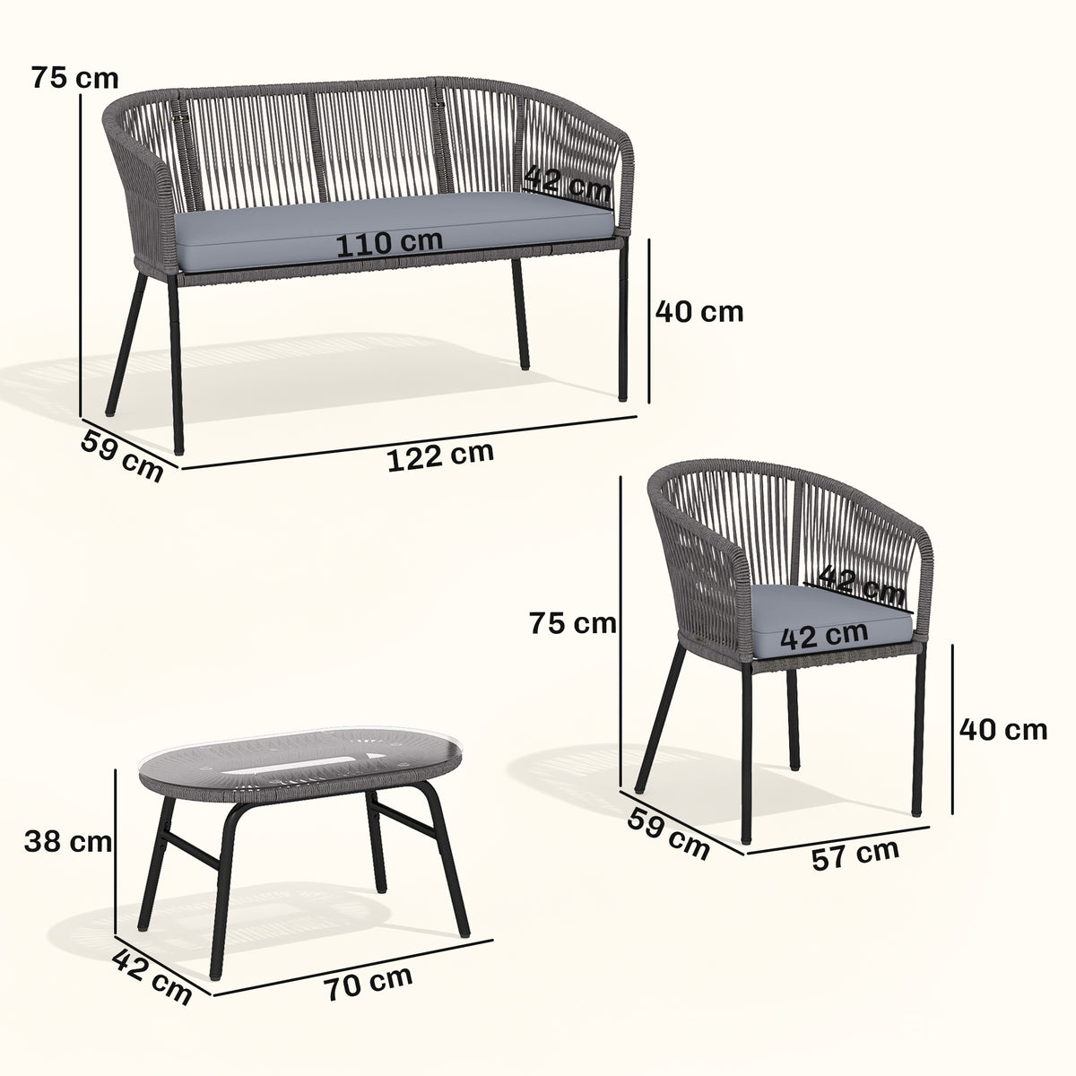 Outsunny 4 Piece Garden Furniture Set, Rope Garden Sofa Set with 1 Loveseat 2 Chairs Tempered Glass Table Cushions, Dark Grey