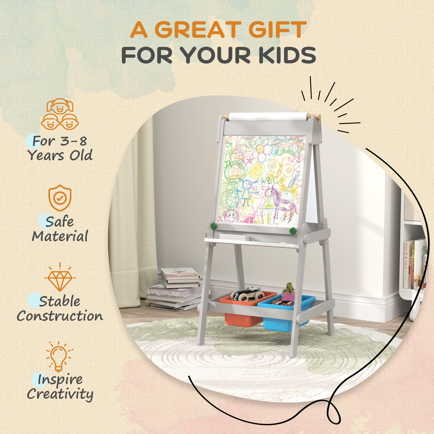 AIYAPLAY Art Easel for Kids with Paper Roll, Double-Sided Painting Easel with Chalkboard, Whiteboard